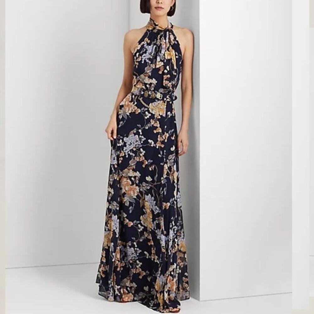 Black Label LRL Floral print Halter neckline sleeveless Belted Gown
